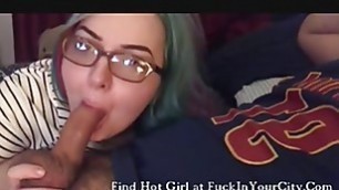 Adorable babe with glasses shows off her cock sucking skill