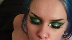 Swedish blue haired alt girl takes a massive load in the face