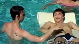 Young analled smokers cum hard in poolside threesome