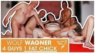 Swinger orgy! Fat slut enjoys 3 hard cocks! WolfWagner.com